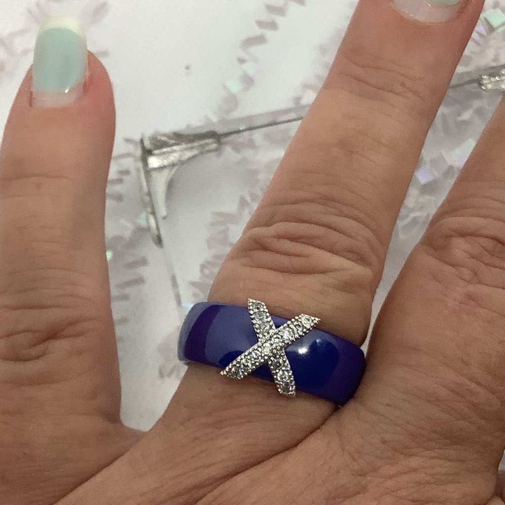 Blue Ceramic X ring with CZ’s, size 10